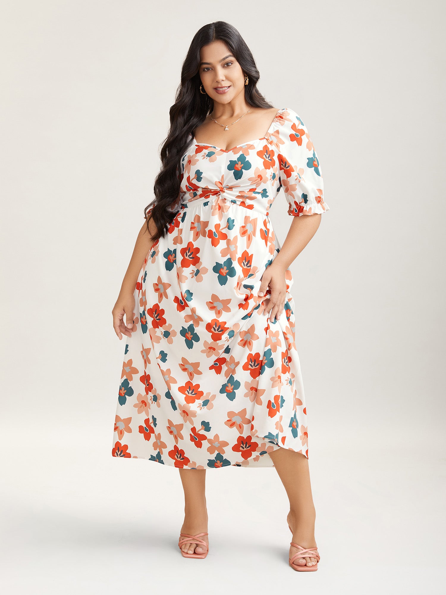Sweet Floral Front-Twist Lined Midi Dress
