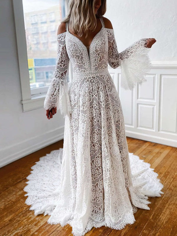 Stylish A-Line V-Neck Long Sleeves Lace Chapel Train Wedding Dresses