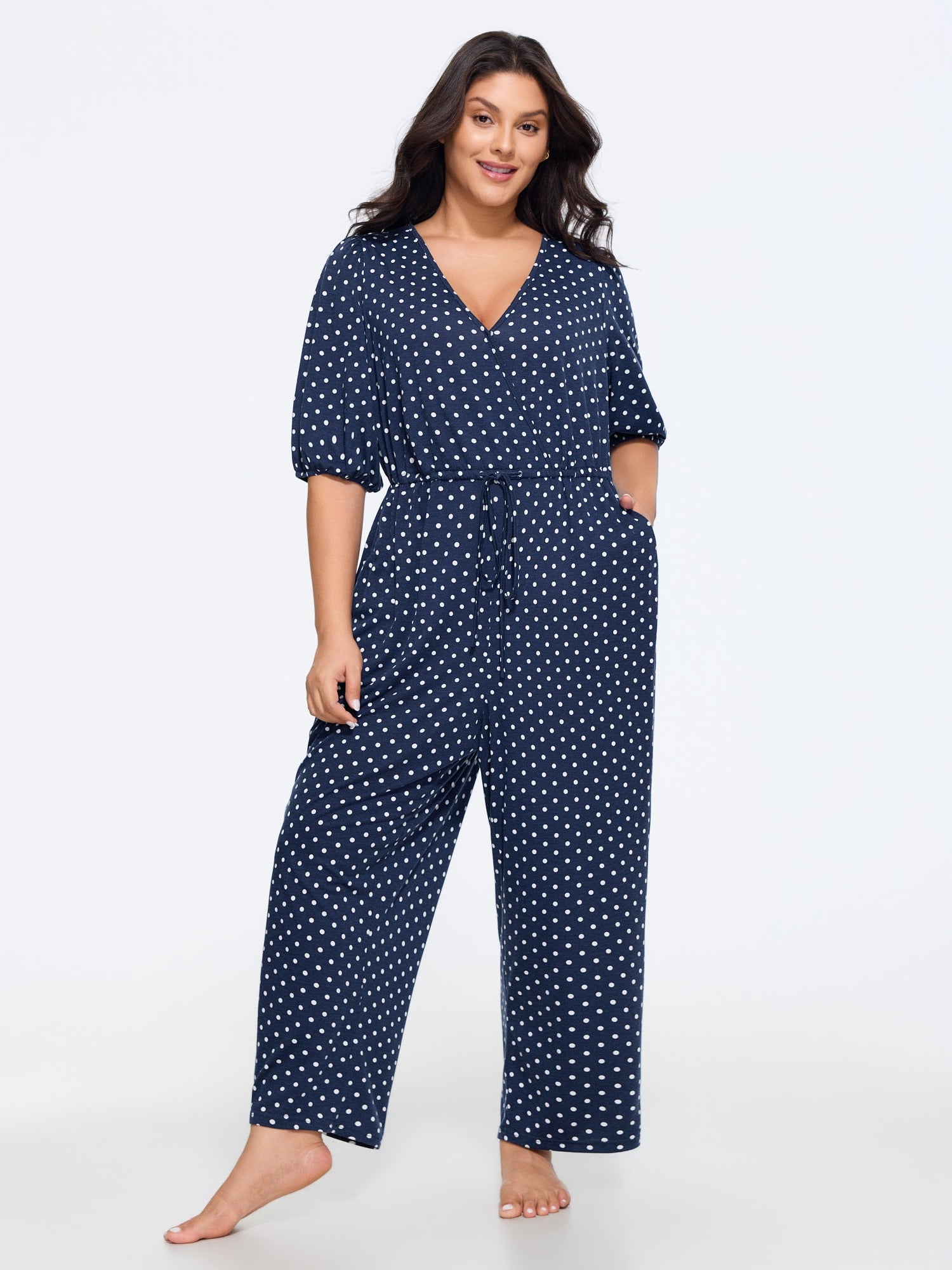Stretch Polka Dot Print Drawstring Waist Lounge Jumpsuit