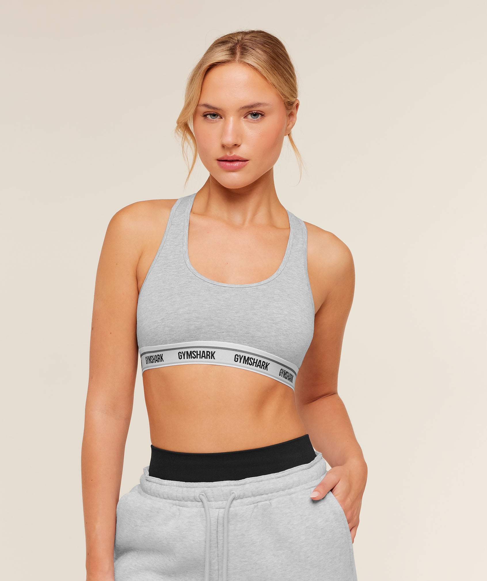 Gymshark Elastic Branded Racerback Cotton Bralette - Light Grey Core Marl