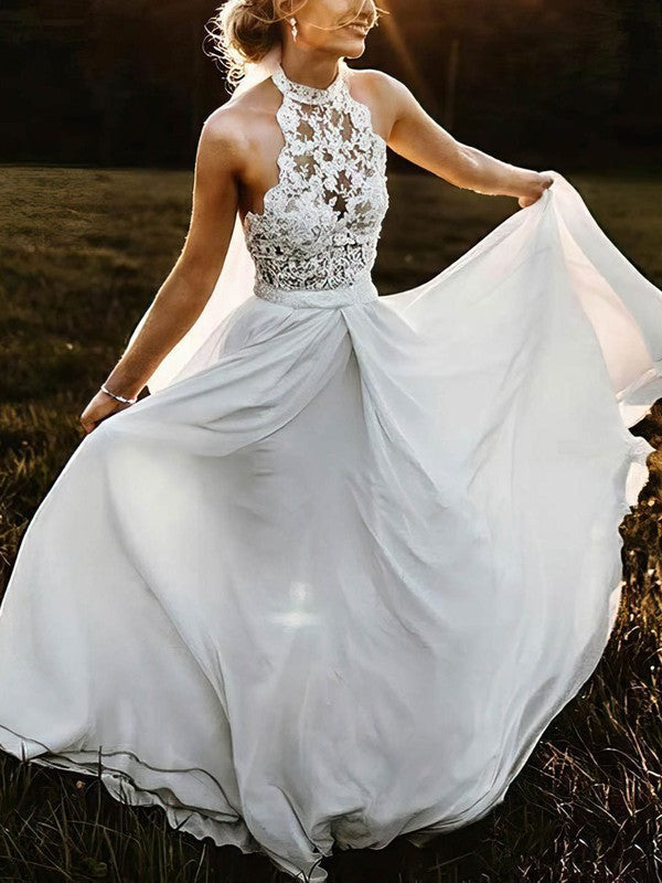 Classic A-Line High Neck Sleeveless Lace Chiffon Wedding Dresses
