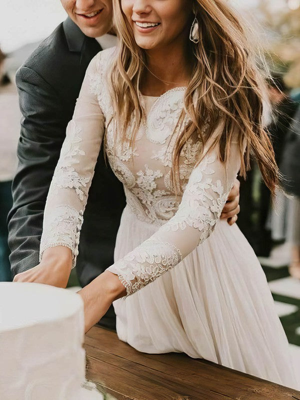 Charming A-Line Long Sleeves Tulle Lace Sweep Train Wedding Dresses