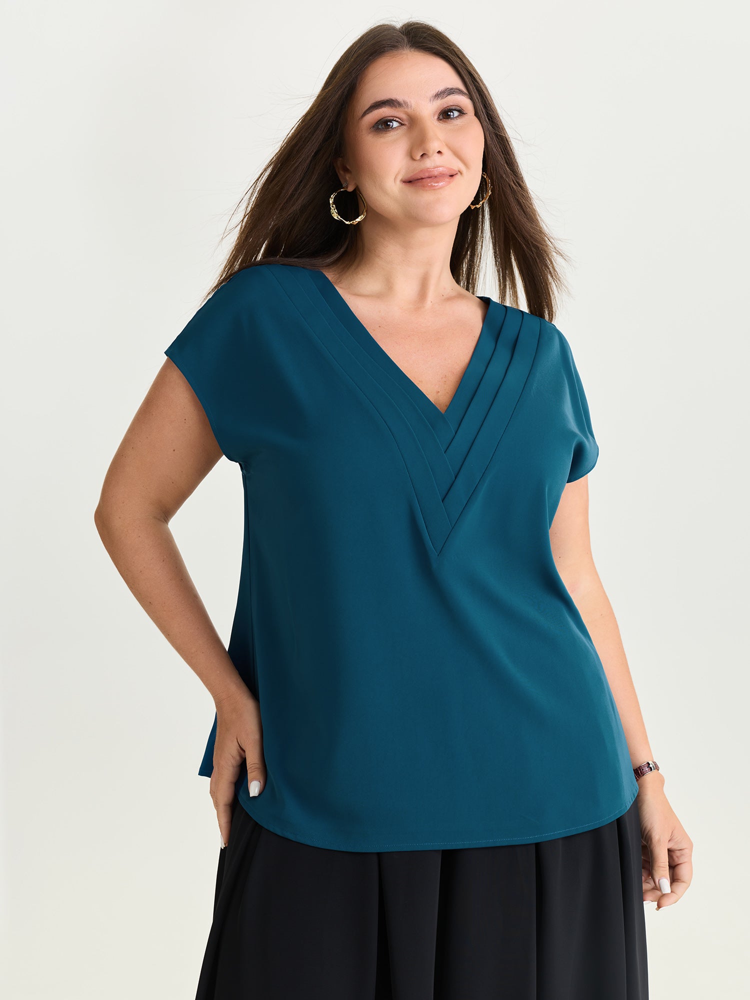 Pleated V-Neckline Dolman Sleeve Blouse