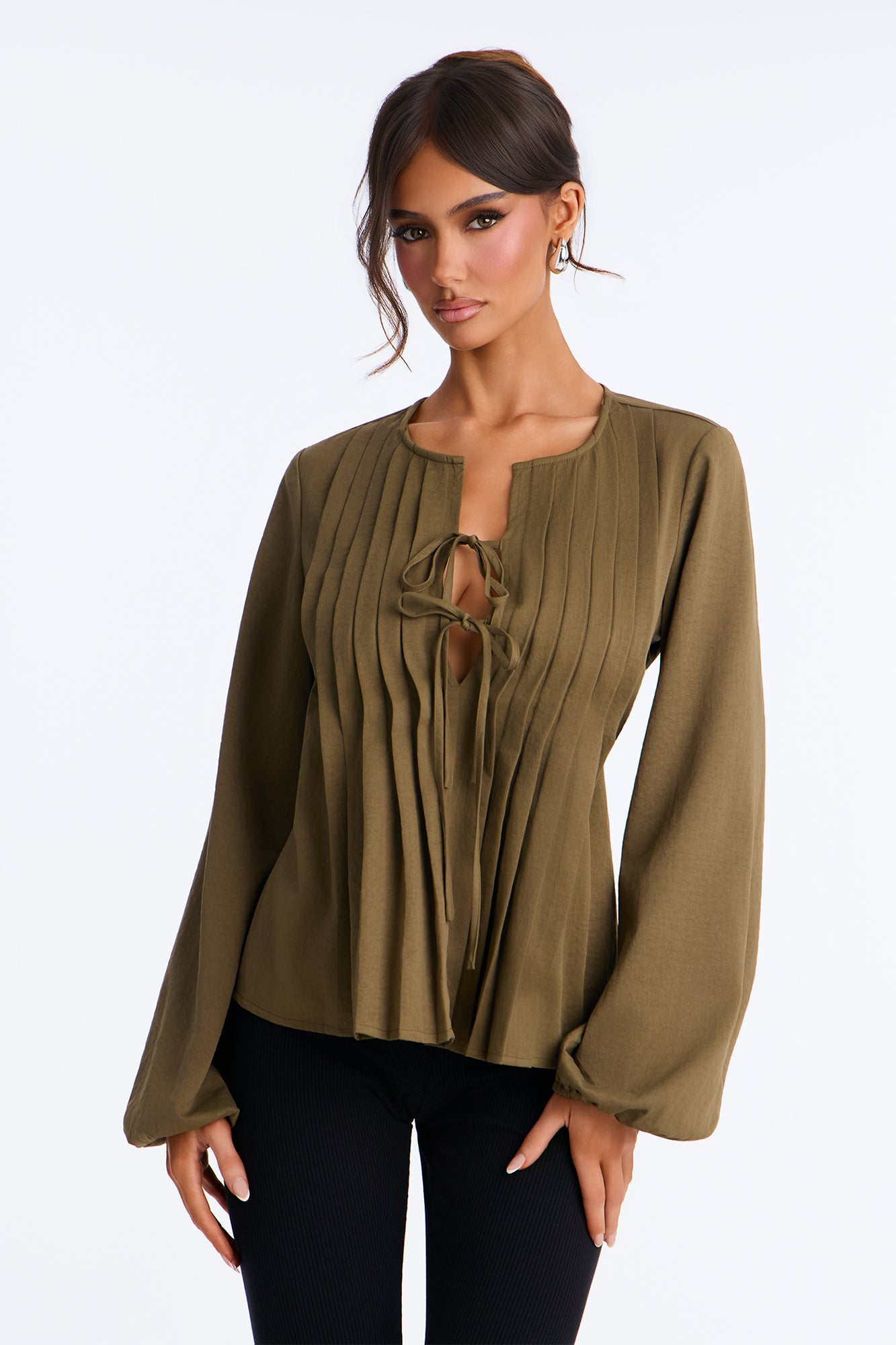 Move Along Pleated Long Sleeve Blouse - Olive