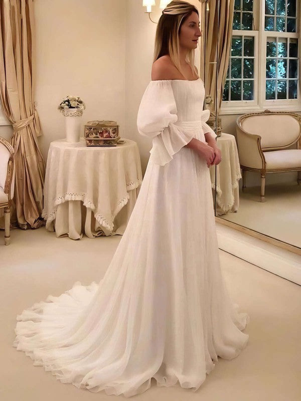 Elegant A-Line Off-The-Shoulder Chiffon Court Train Wedding Dresses with Ruffles