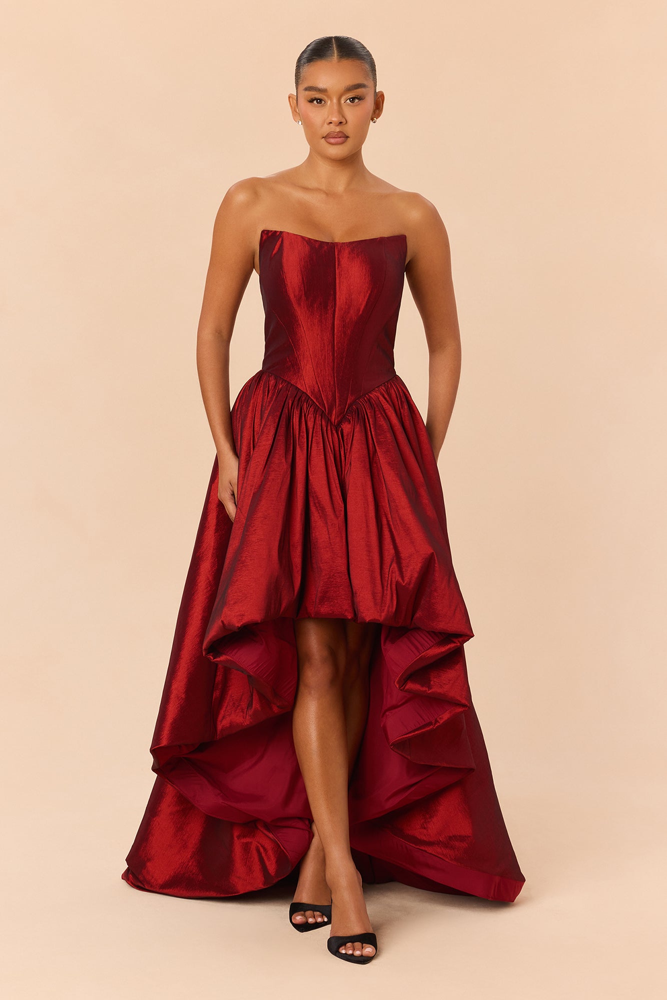 Aurora High Low Taffeta Gown - Burgundy