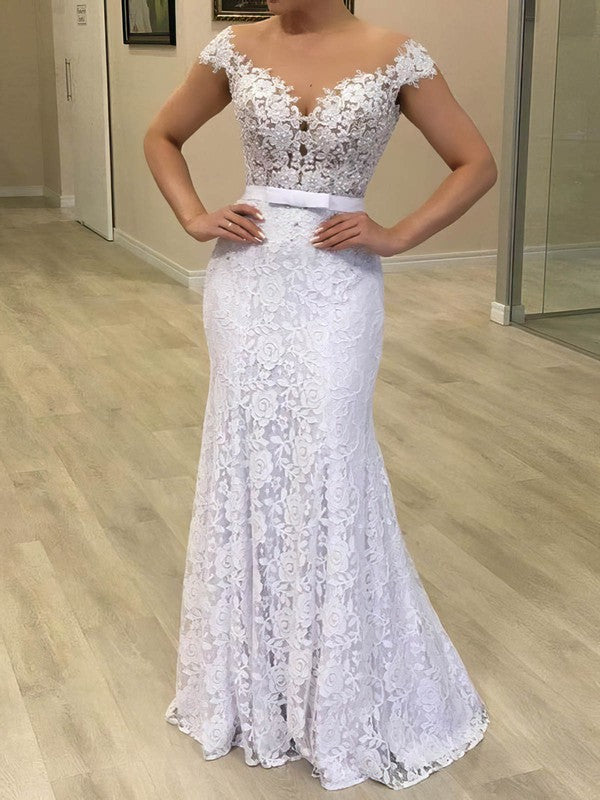 Stunning Mermaid Off-The-Shoulder Lace Sweep Train Wedding Dresses with Ribbon
