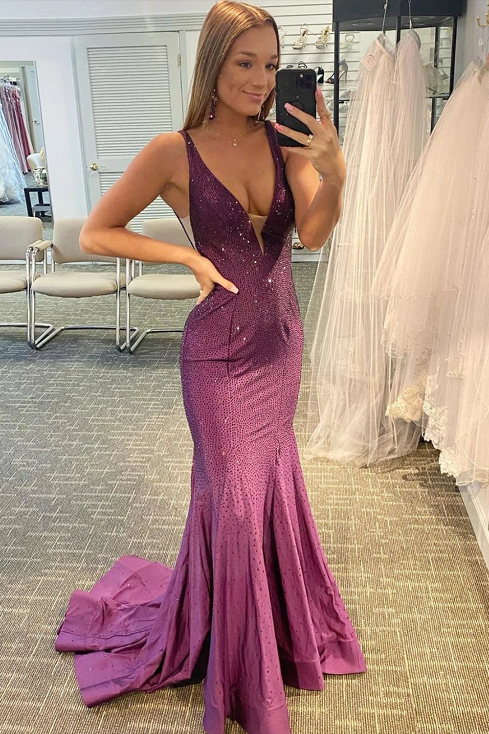 Purple Mermaid Prom Dress with Beaded V-neck