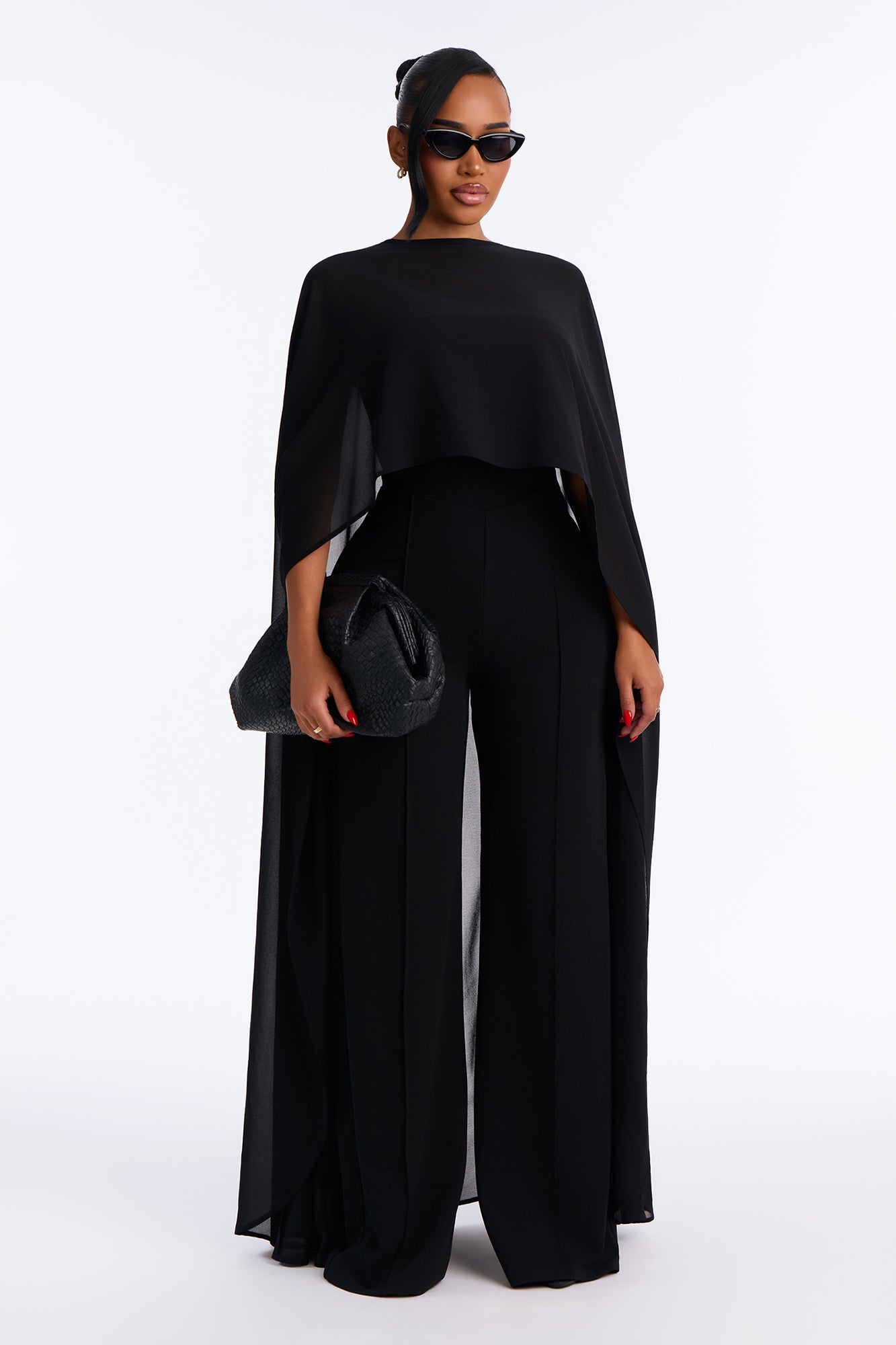 Moonlight Muse Chiffon Cape And Jumpsuit Set - Black