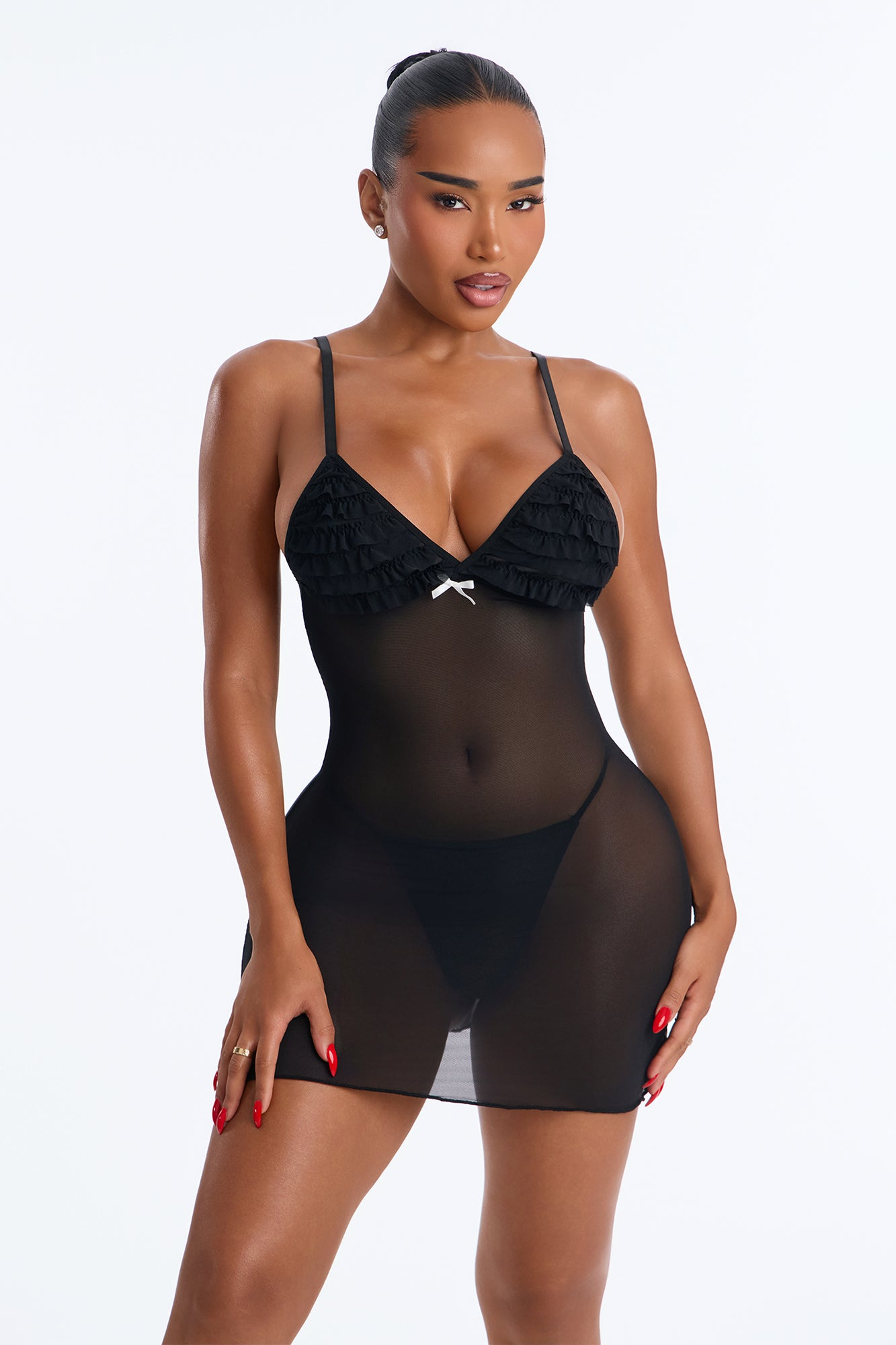 Long Nights Ruffle Mesh Babydoll - Black