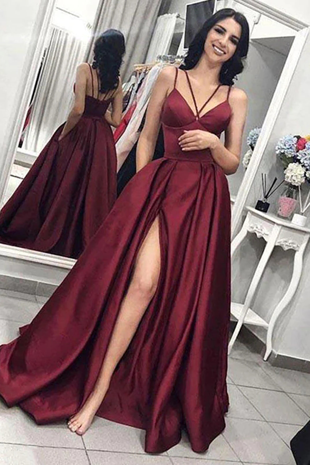 Burgundy Spaghetti Strap A-Line Prom Gown with Slit