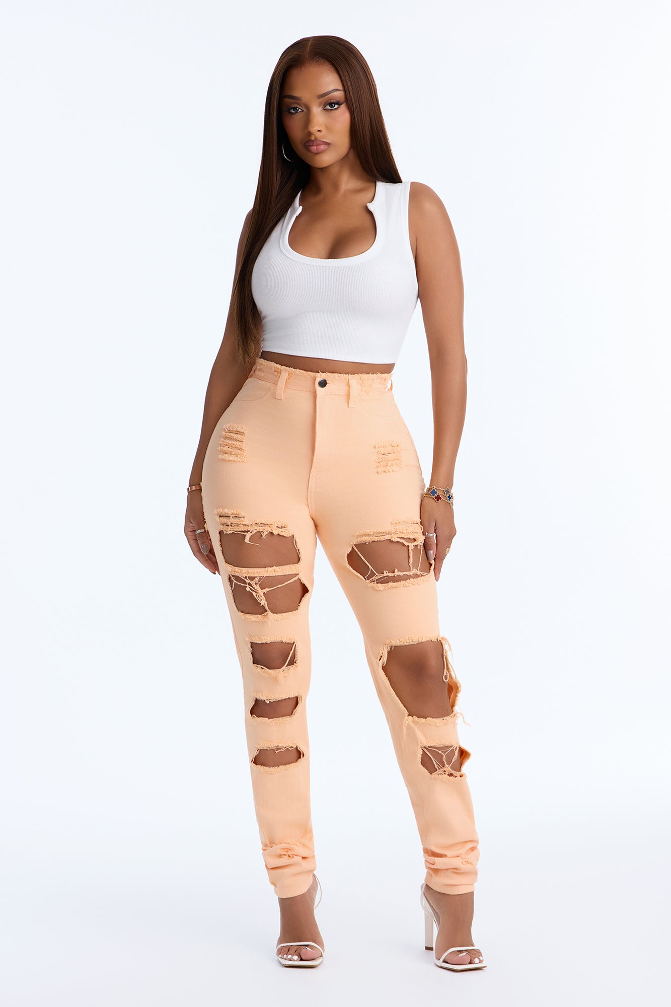 Not My Problem High Rise Destroyed Skinny Jeans - Peach