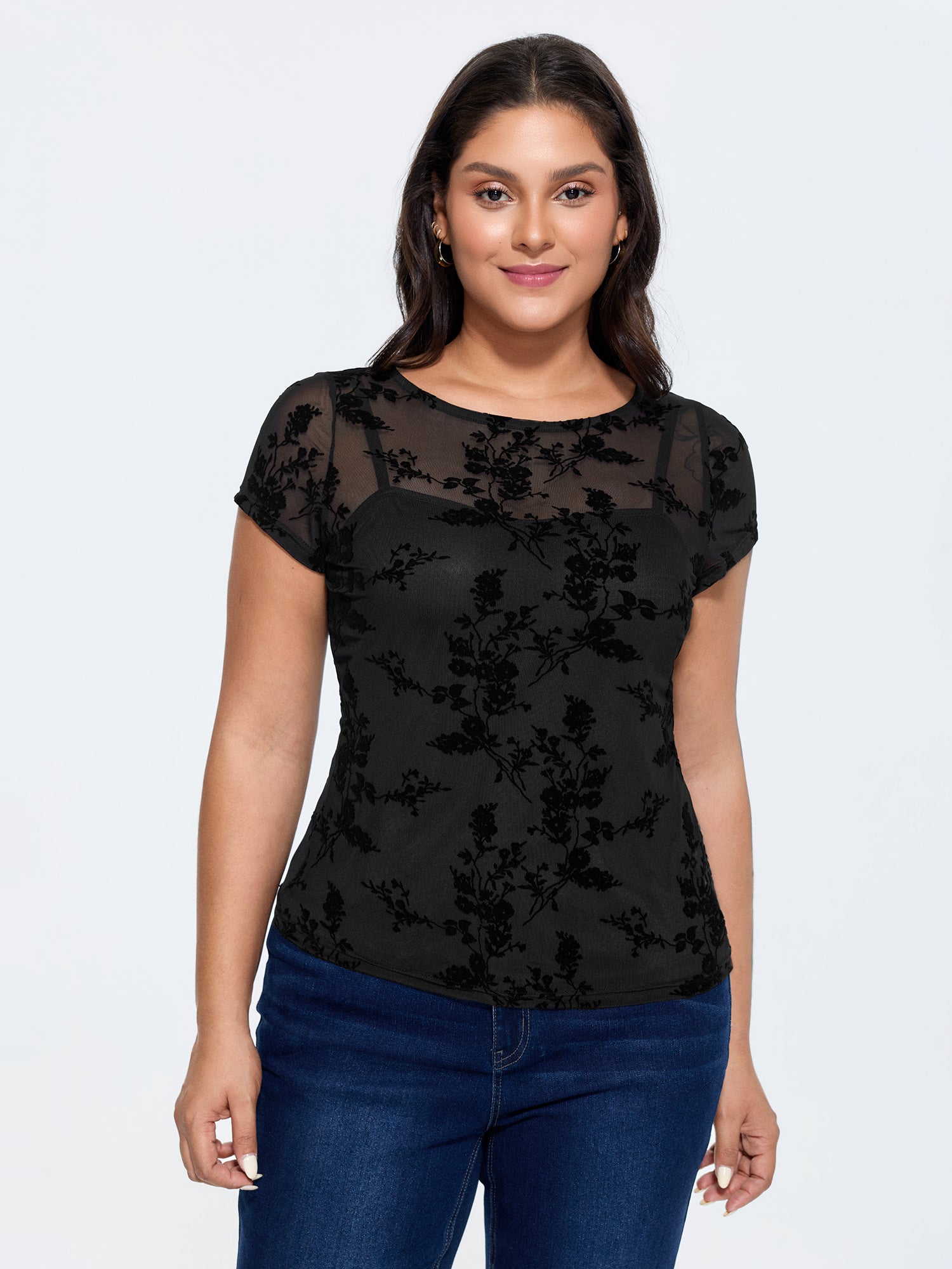 Sheer Floral Flocked T-Shirt