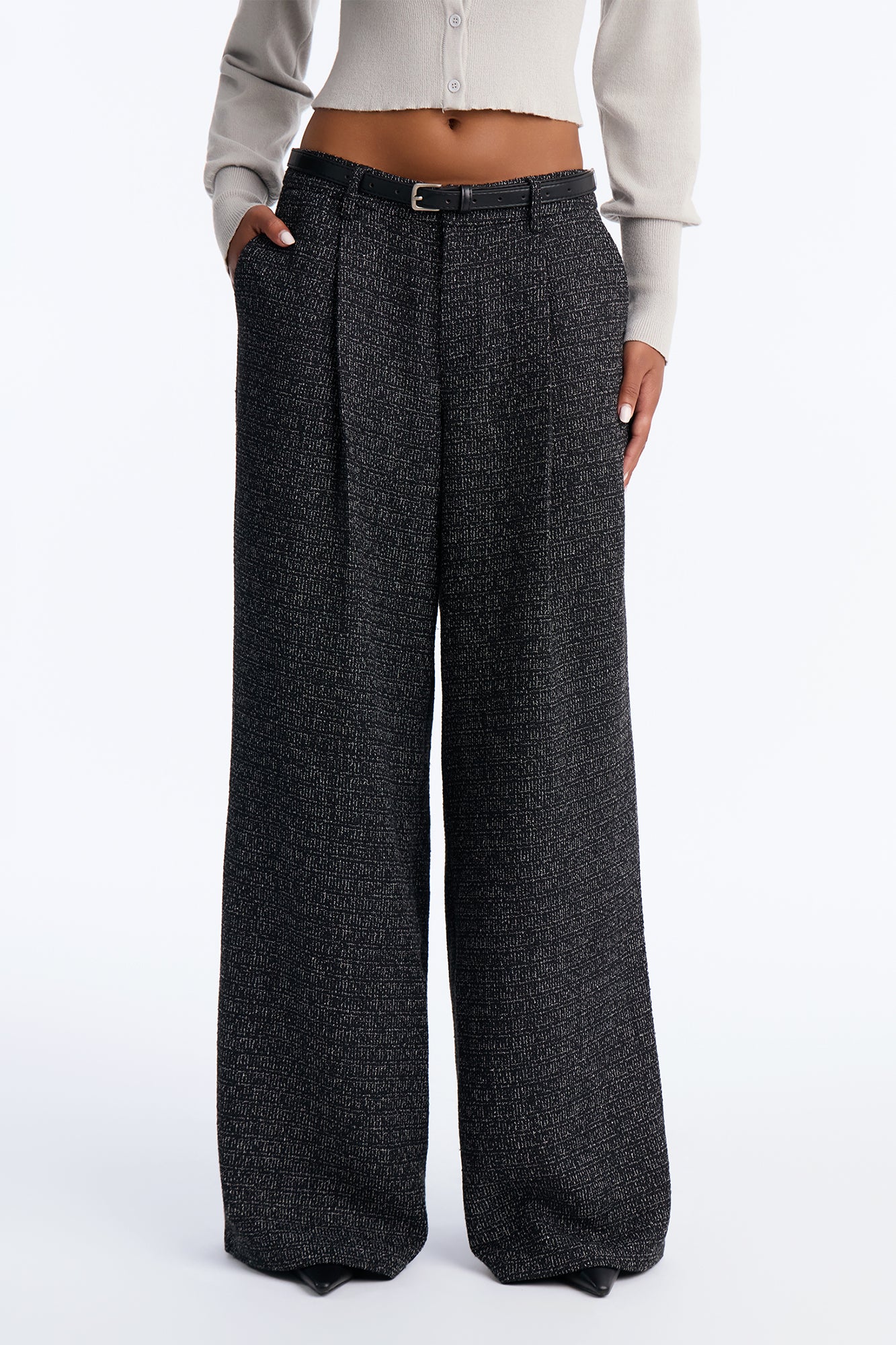 Esperanza Belted Slouchy Tweed Trouser - Black/combo