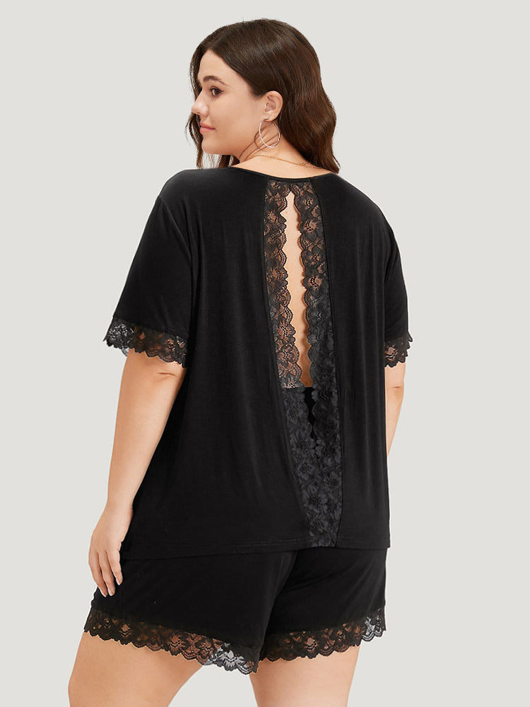 Guipure Open Back Lace Trim Pajama Top