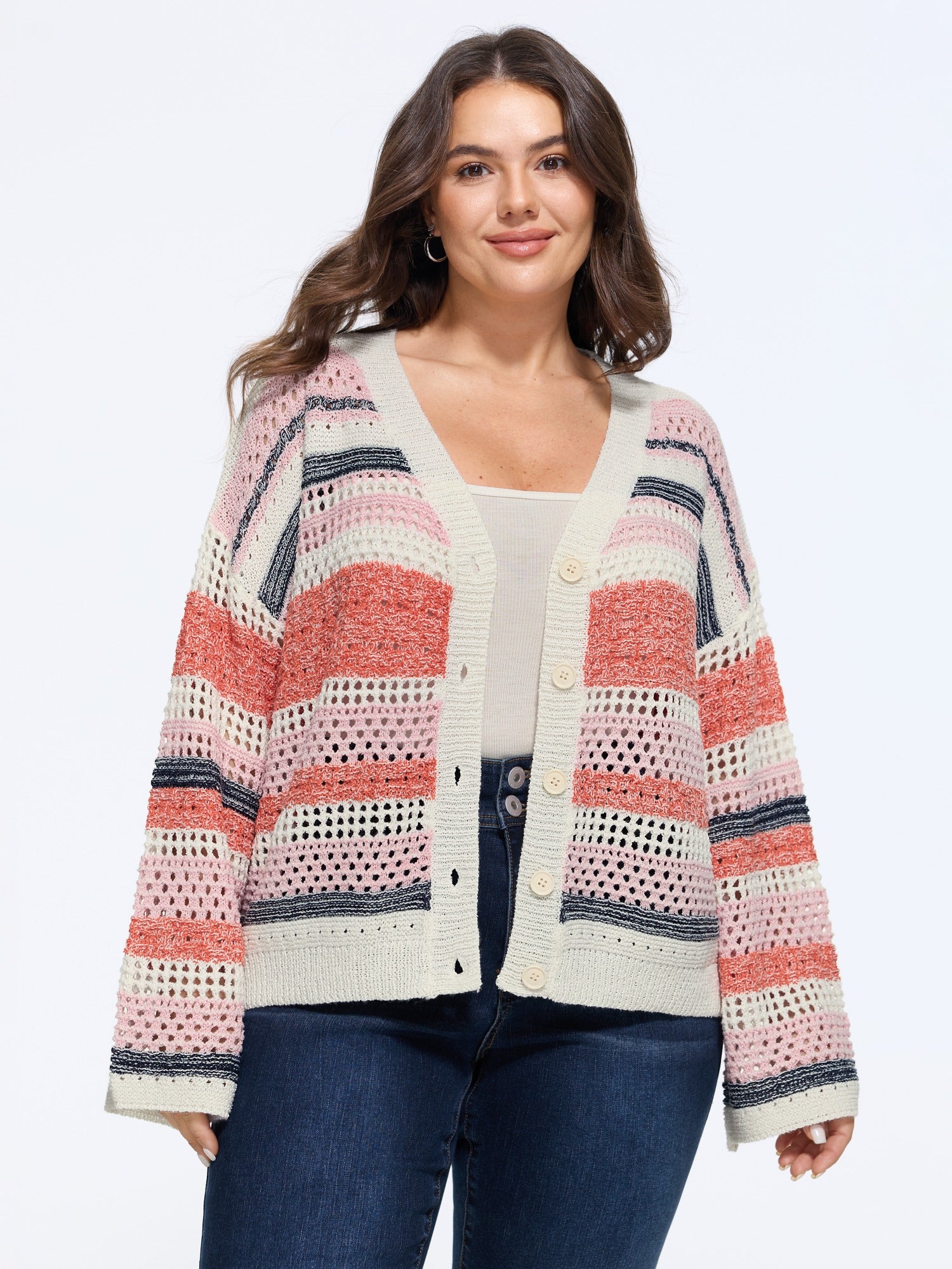 V Neck Striped Cut Out Button Down Cardigan