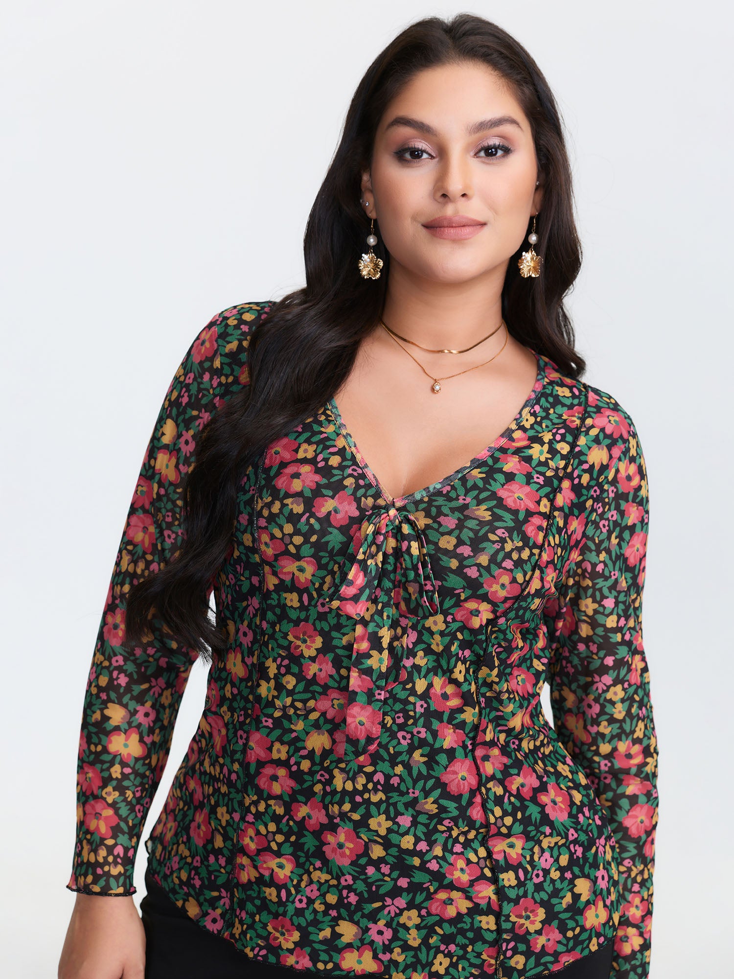 Floral Stretchy Mesh Front-Tie Blouse