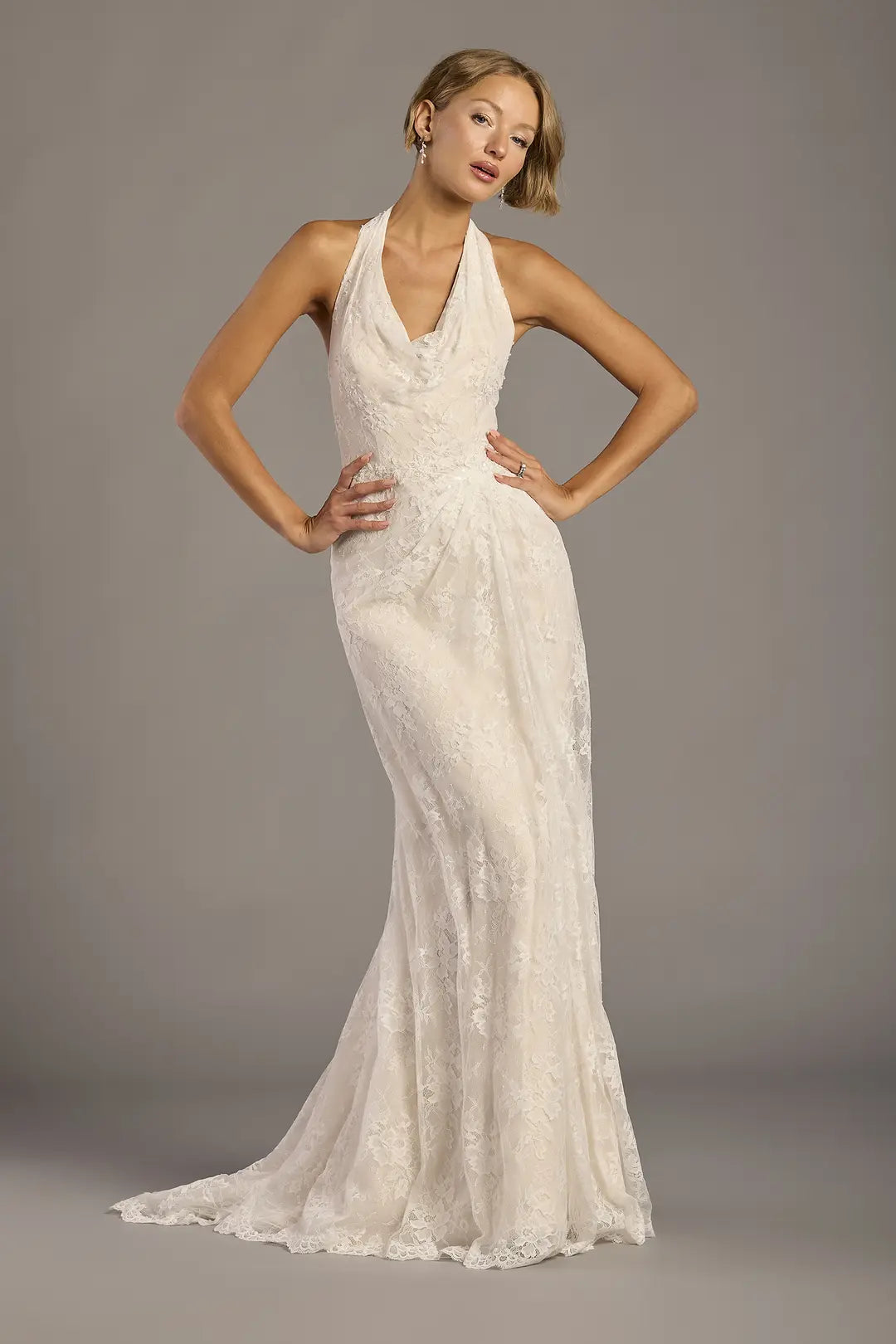 Embroidered Lace Halter Cowl Sheath Wedding Dress