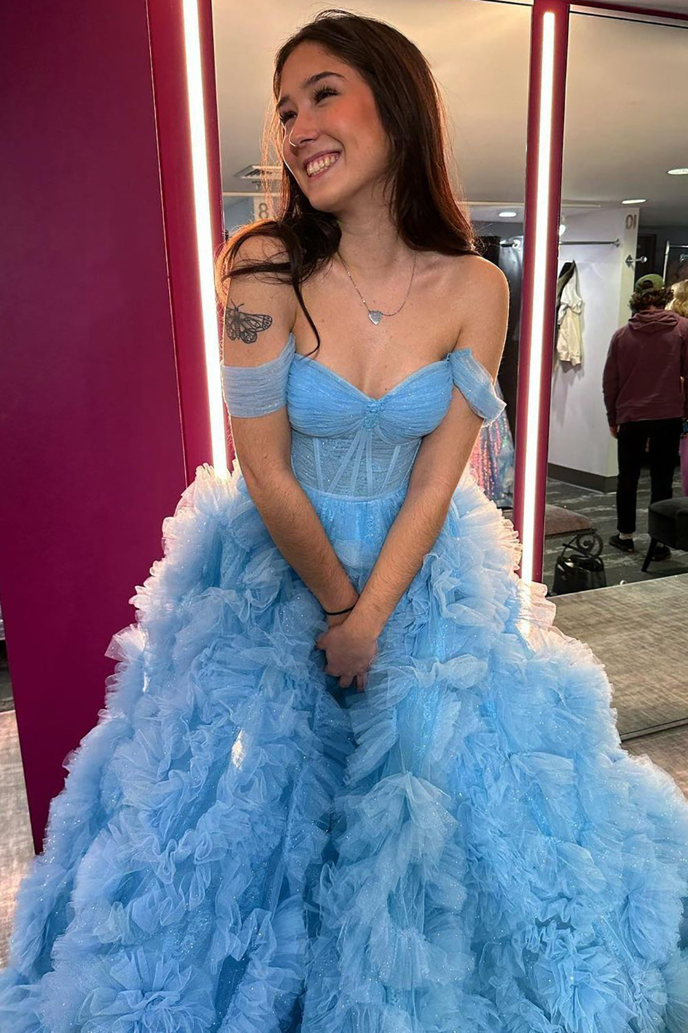 Blue Off-the-Shoulder Corset Prom Dress with Ruffles in A-Line Style