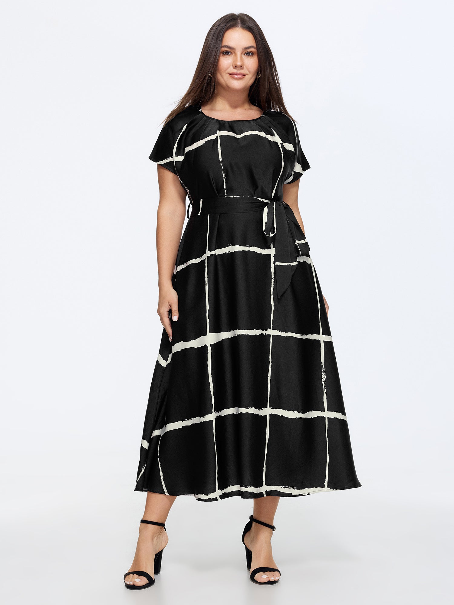 Plaid Print Round Neck Belted Midi Dress