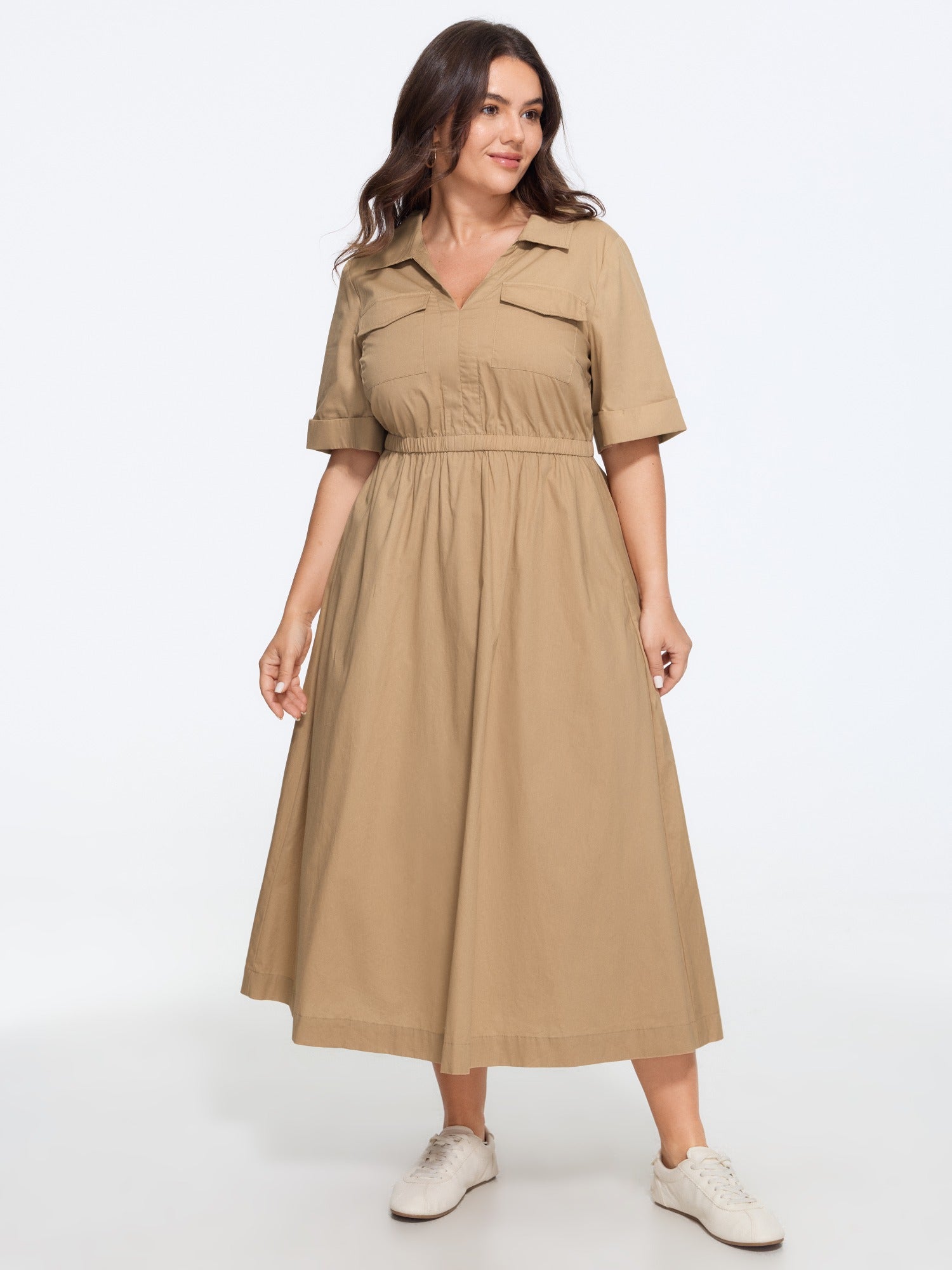 Cotton Cuffed Short Sleeve Midi Dress