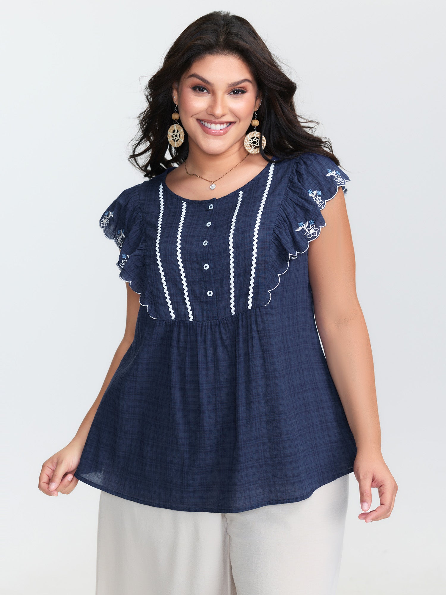 Embroidered Neckline Ruffled Sleeve Blouse