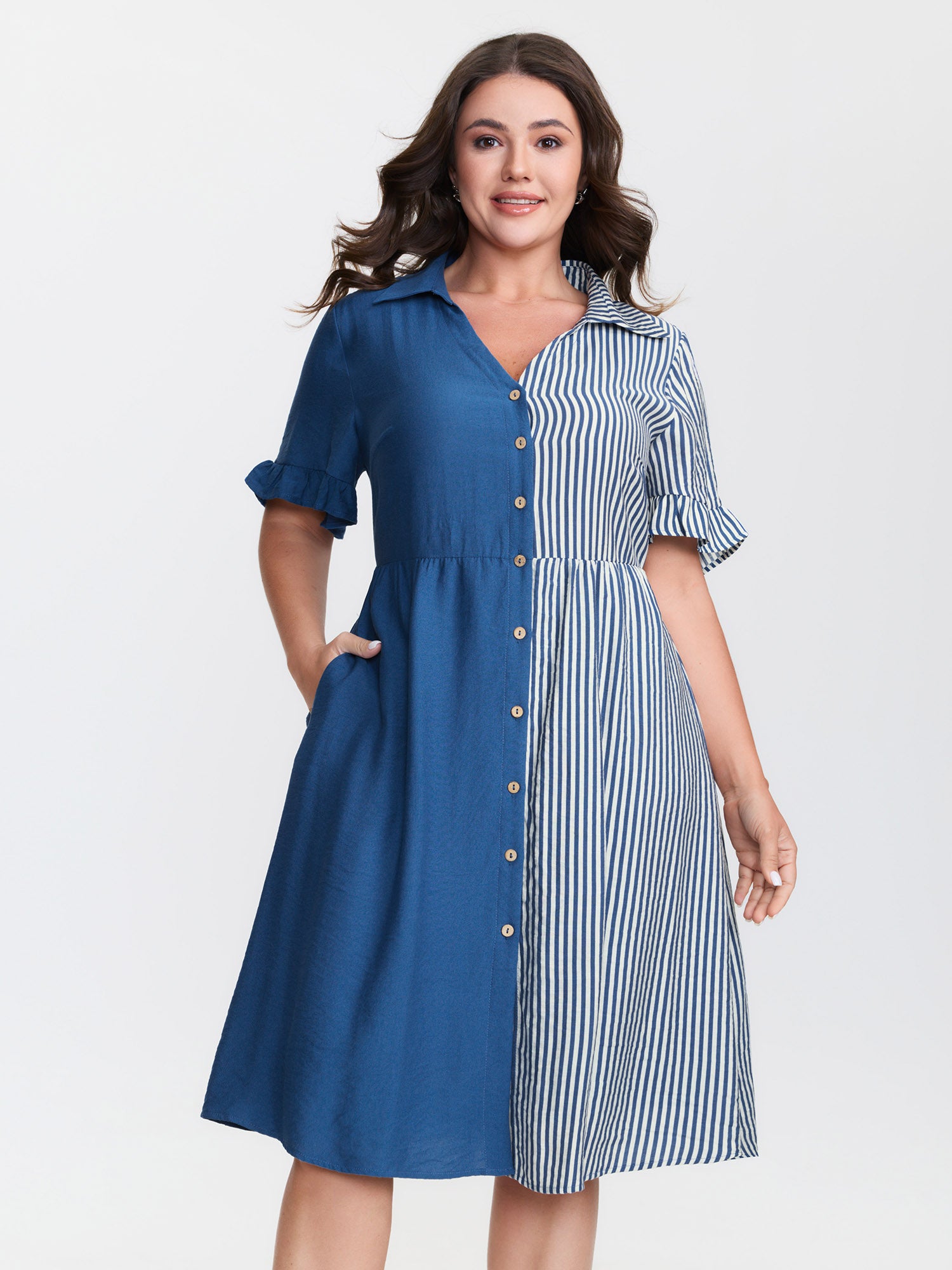 Striped Contrast Collar Button Midi Dress