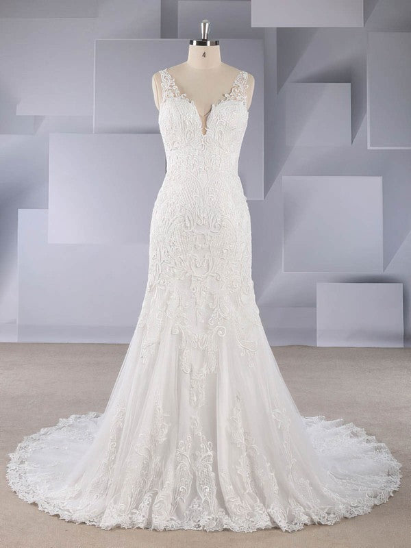 Glamorous Mermaid V-Neck Sleeveless Lace Sweep Train Wedding Dresses