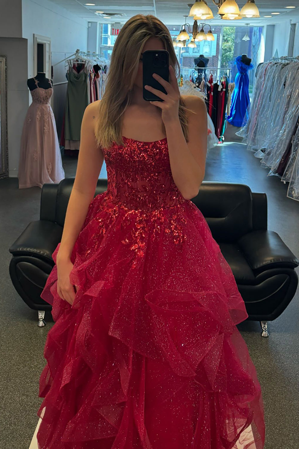 Long A-Line Corset Prom Dress with Sparkly Fuchsia Spaghetti Straps and Appliques