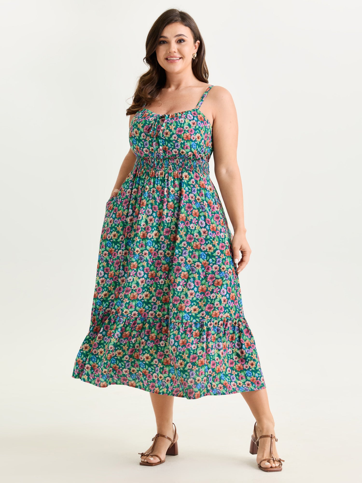 Floral Print Shirred Waist Flowy Midi Dress