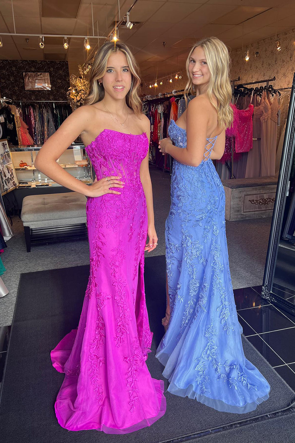 Long Corset Prom Dress in Fuchsia with Strapless Applique Tulle and Slit