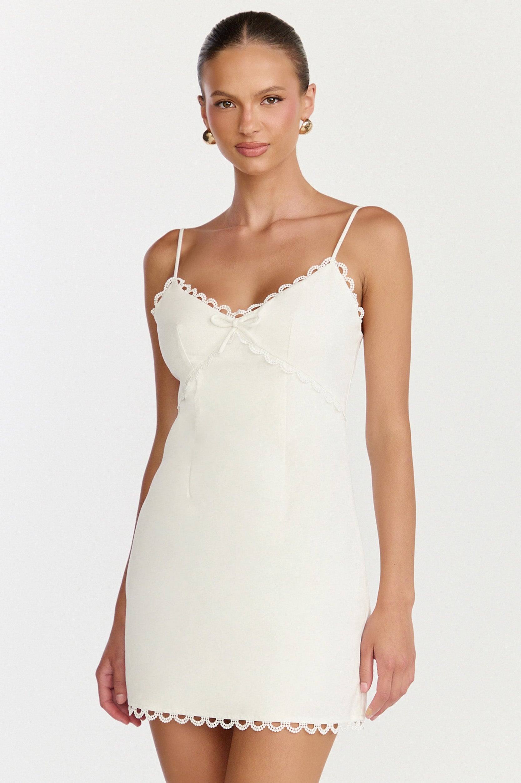 Loya Mini Dress - Scallop Lace Trim Mini Dress in Off White