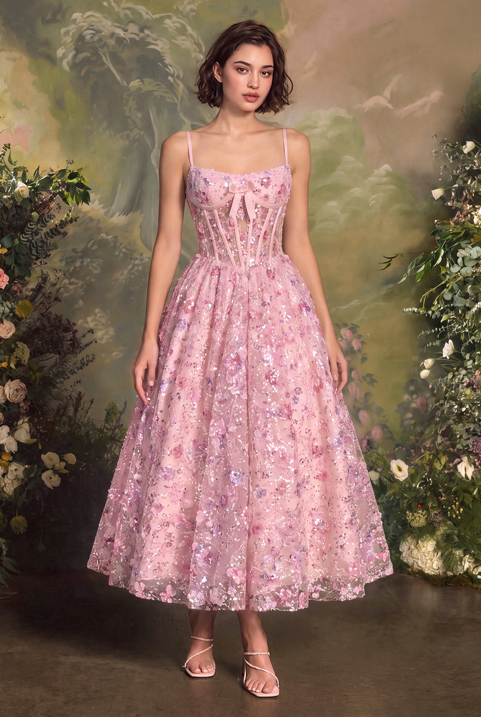 Andrea and Leo A1523 Floral Corset Tea-Length Dress