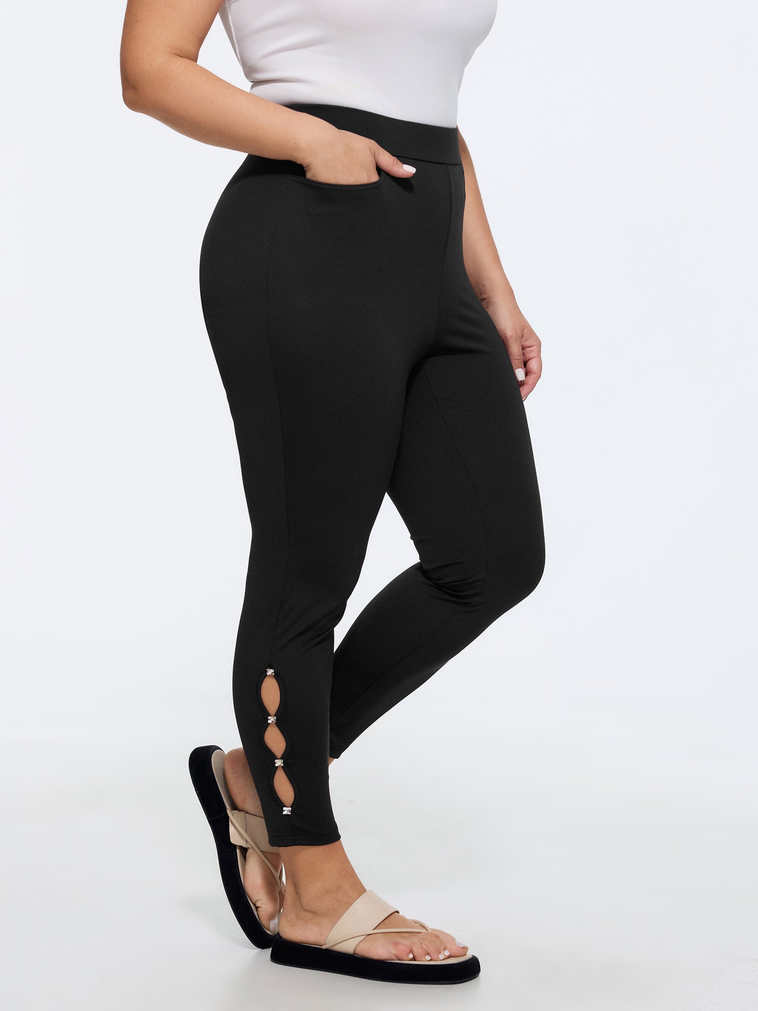 Stretchy Pull-On Rhinestone Cut Out Ankle Detail Leggings