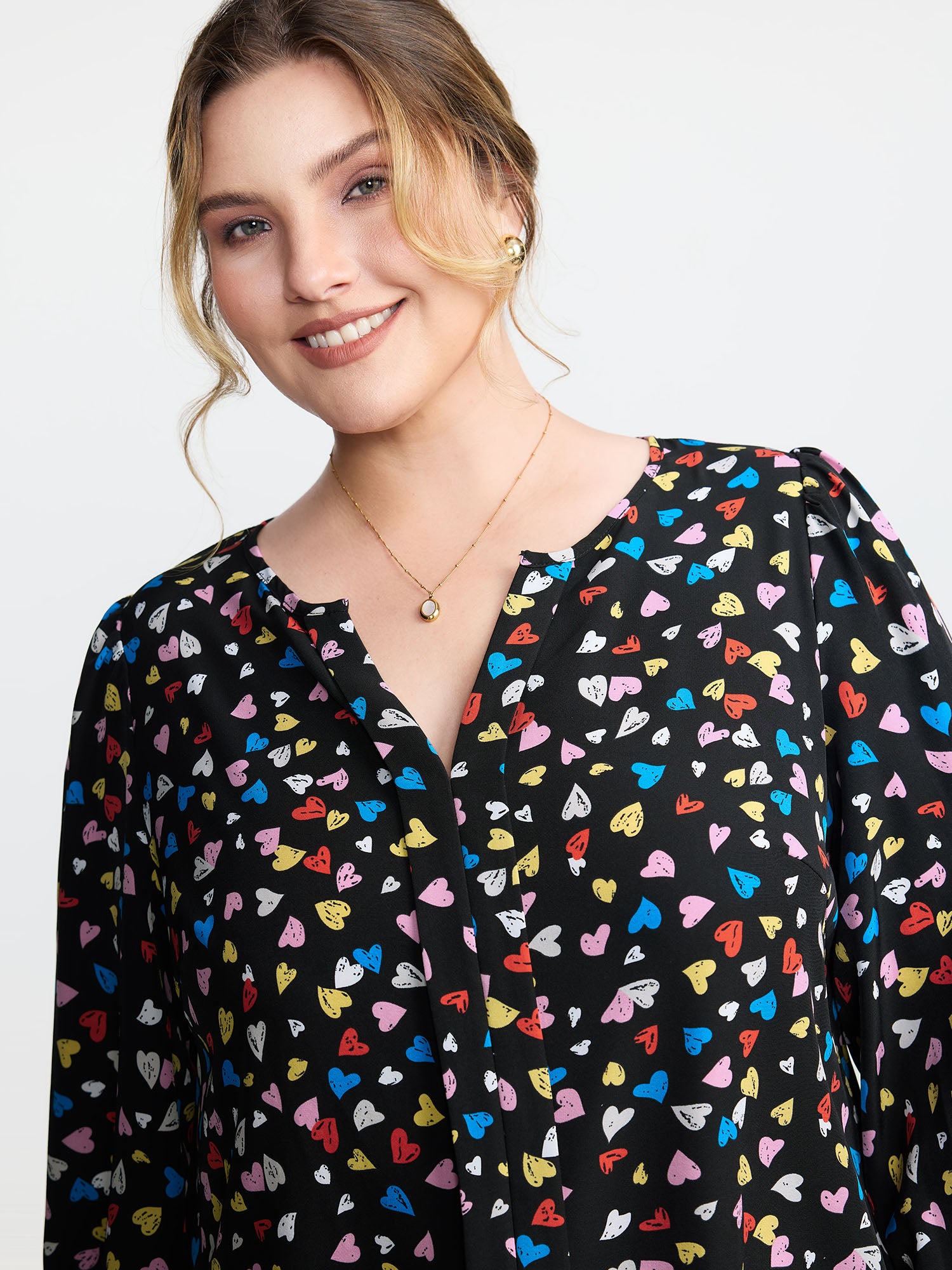 Multicolor Hearts Print Notched Collar Blouse