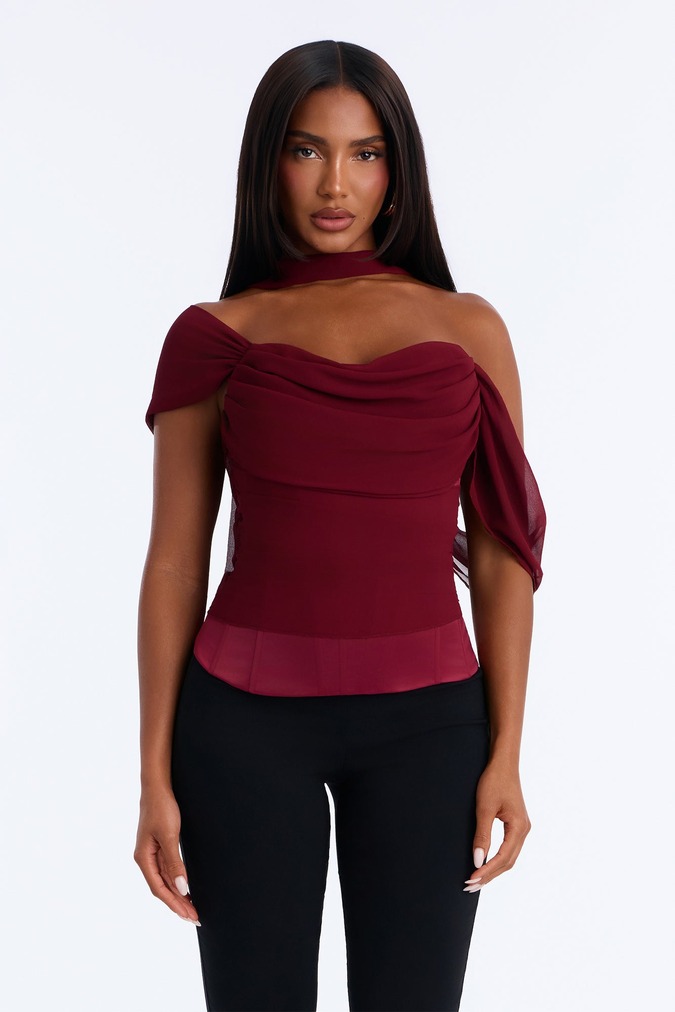 Love Bites Draped Cowl Corset Blouse - Burgundy