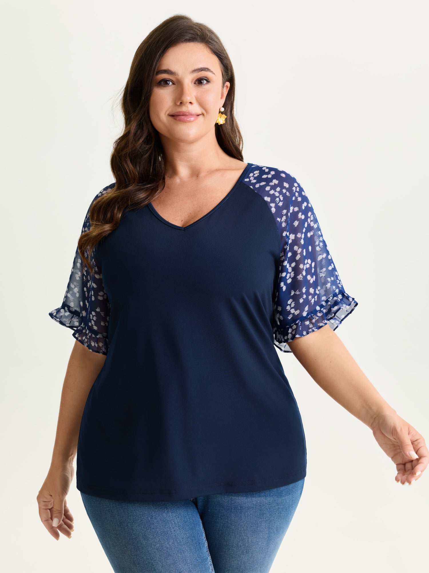 Sheer Floral Print Ruffled Cuff Sleeve Top