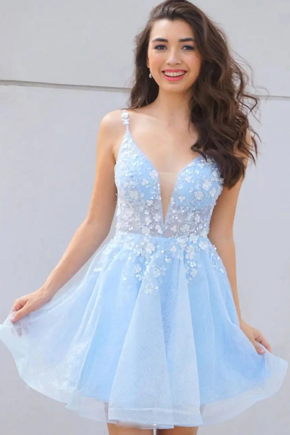 Cute A Line Deep V Neck Light Blue Homecoming Dress/Mini Dress with Appliques