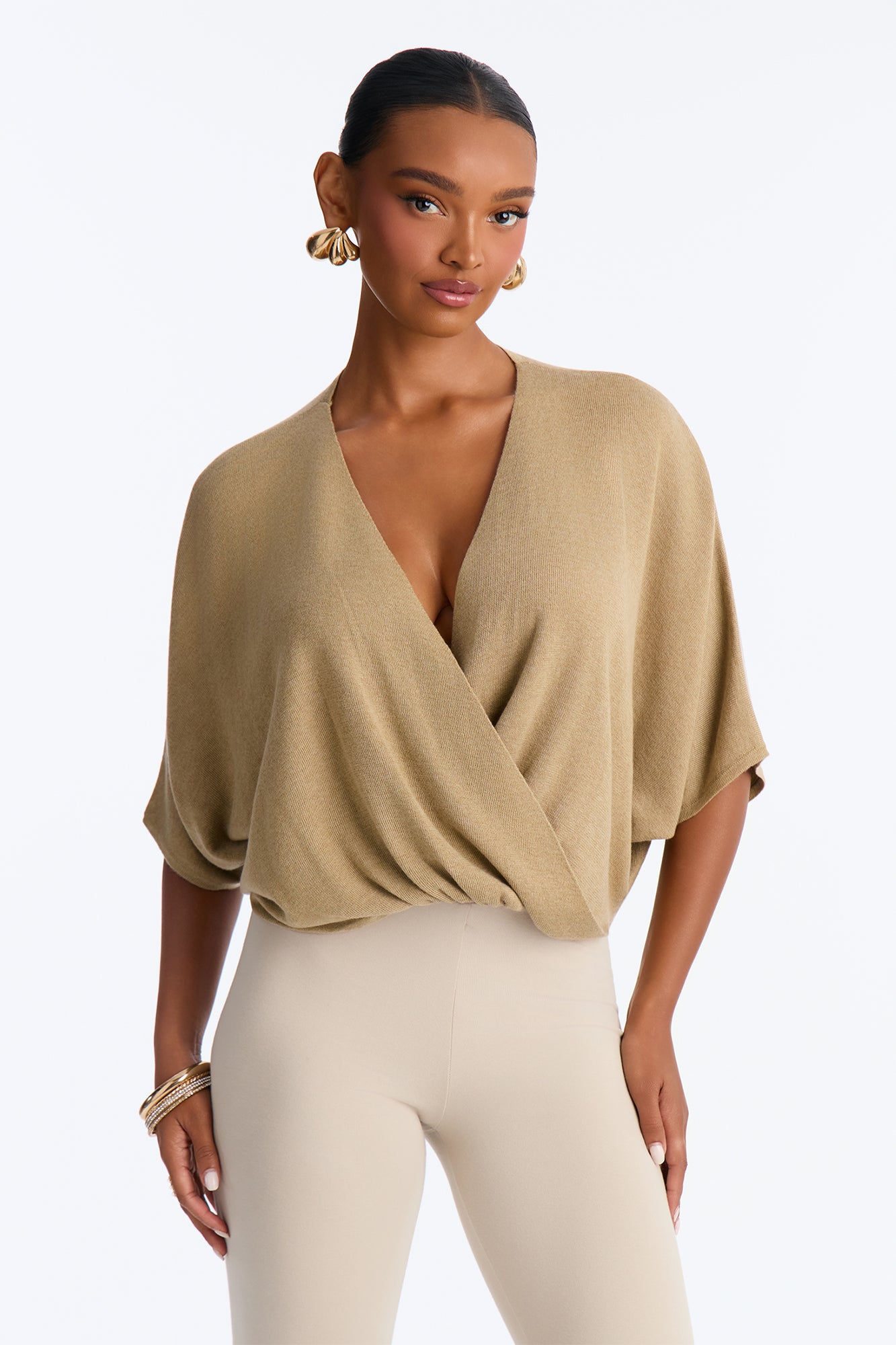 Annah Surplice Sweater Top - Taupe
