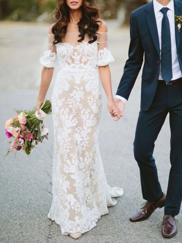 Elegant Off-The-Shoulder Half Sleeves Lace Column Court Train Wedding Dresses