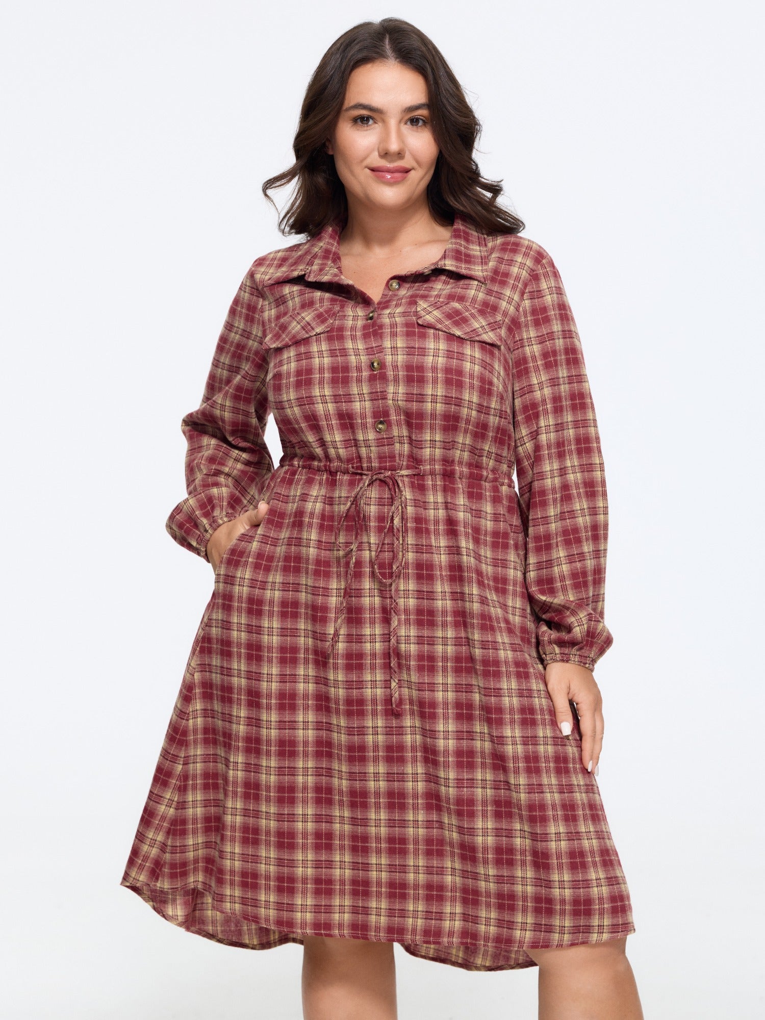 Plaid Print Drawstring Waist Shirt Mini Dress