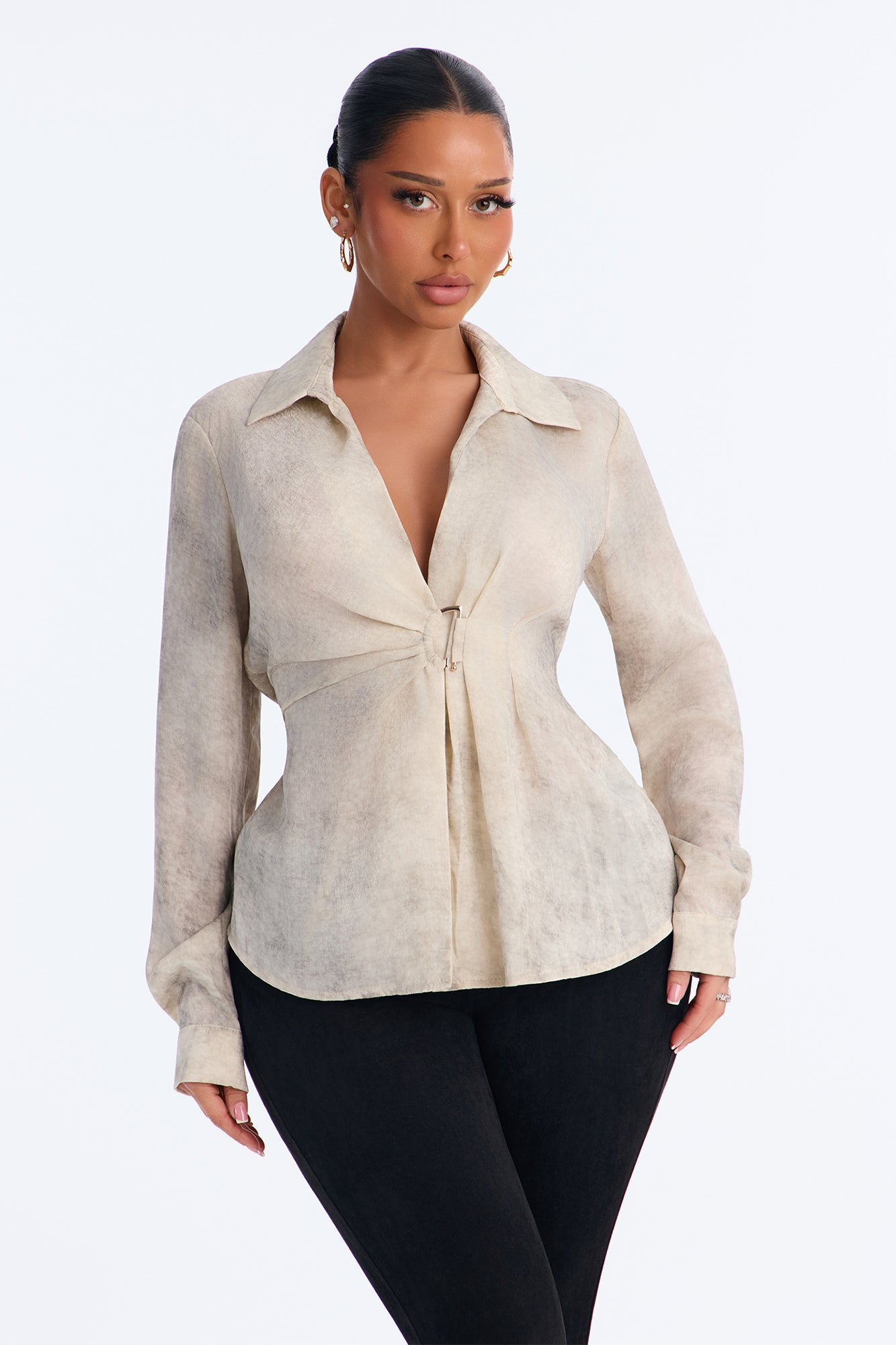 Around Town Ruched Long Sleeve Blouse - Grey/combo