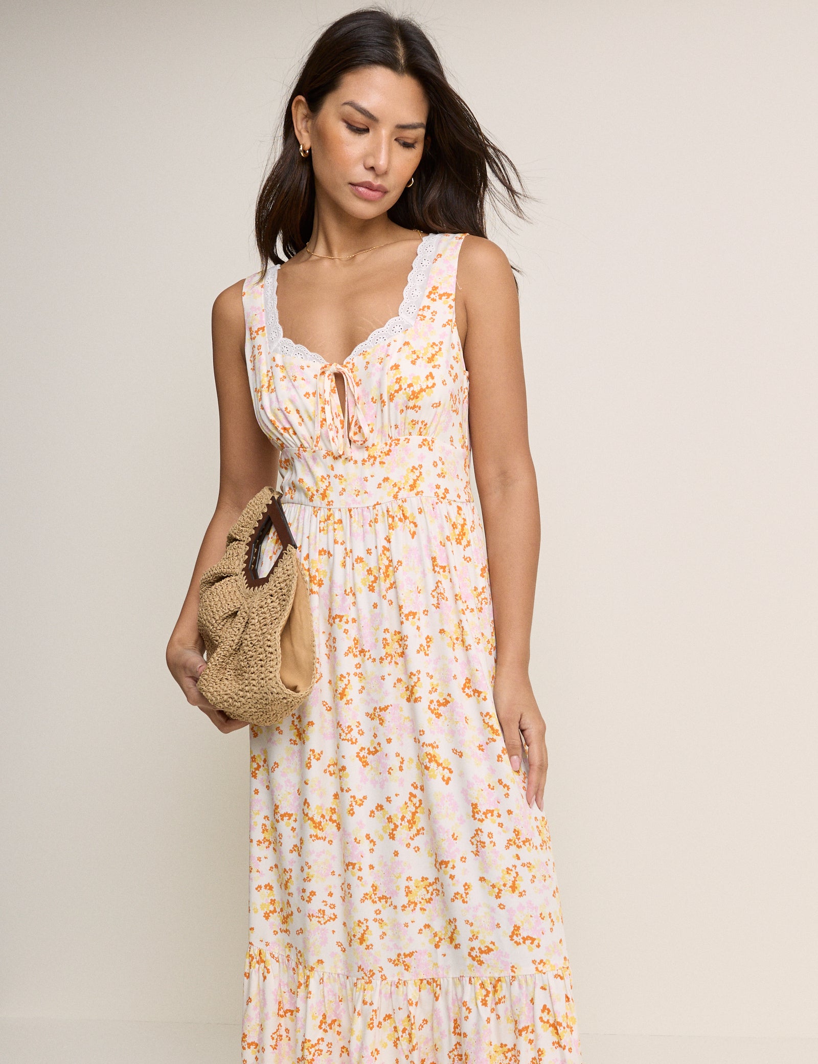 White Ditsy Floral Tiered Heather Midi Dress