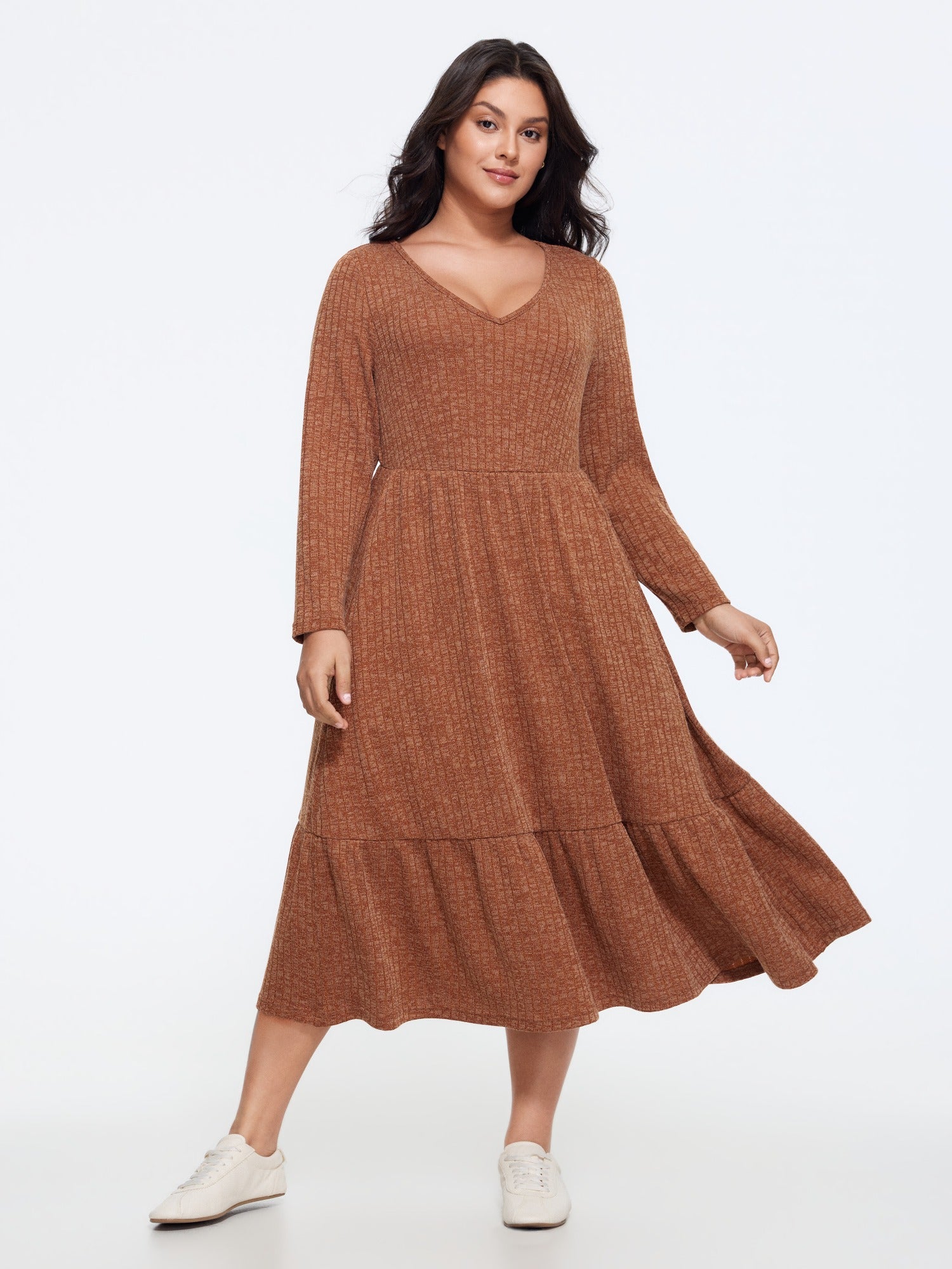 Supersoft Stretchy Vertical Ribbed Knit Midi Dress