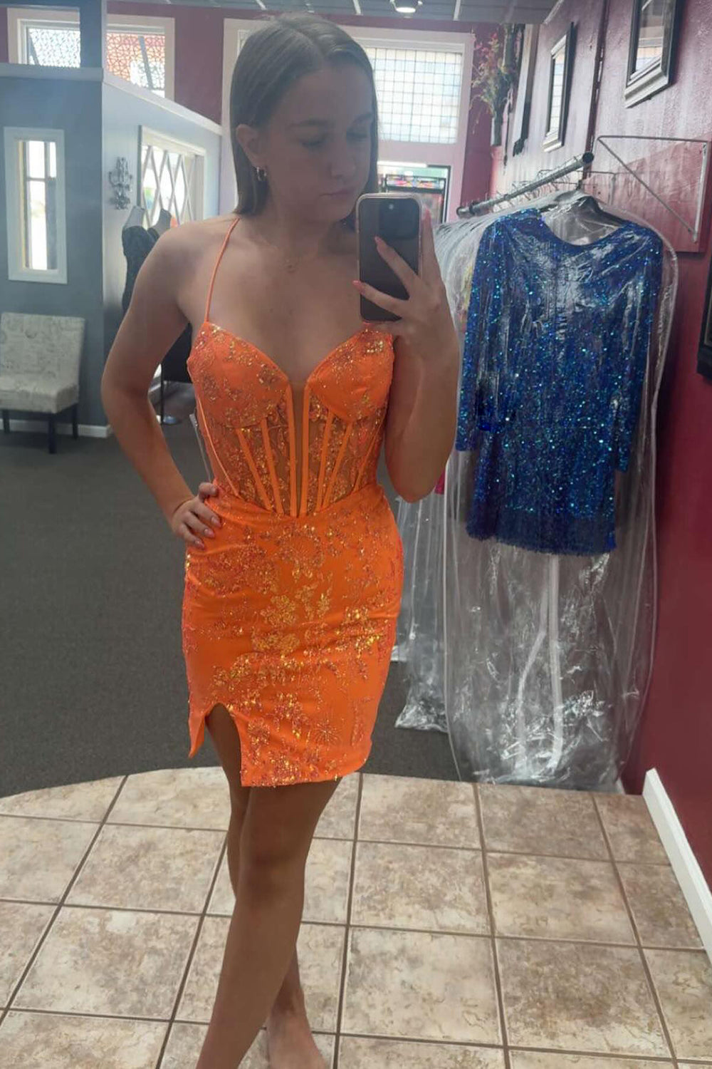 Sparkly Floral Orange Corset Tight Short Homecoming Dress/Mini Dress