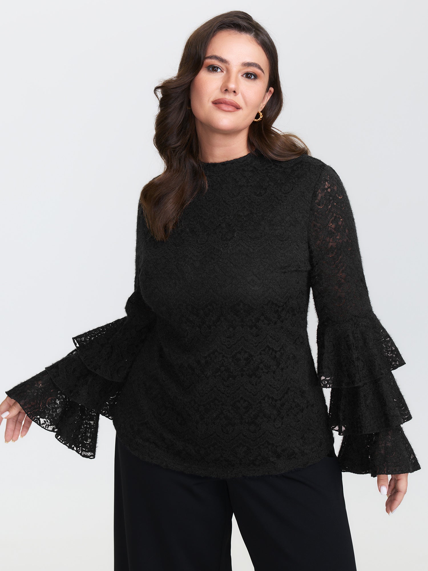 Stretchy Layered Sheer Lace Trim Knit Top