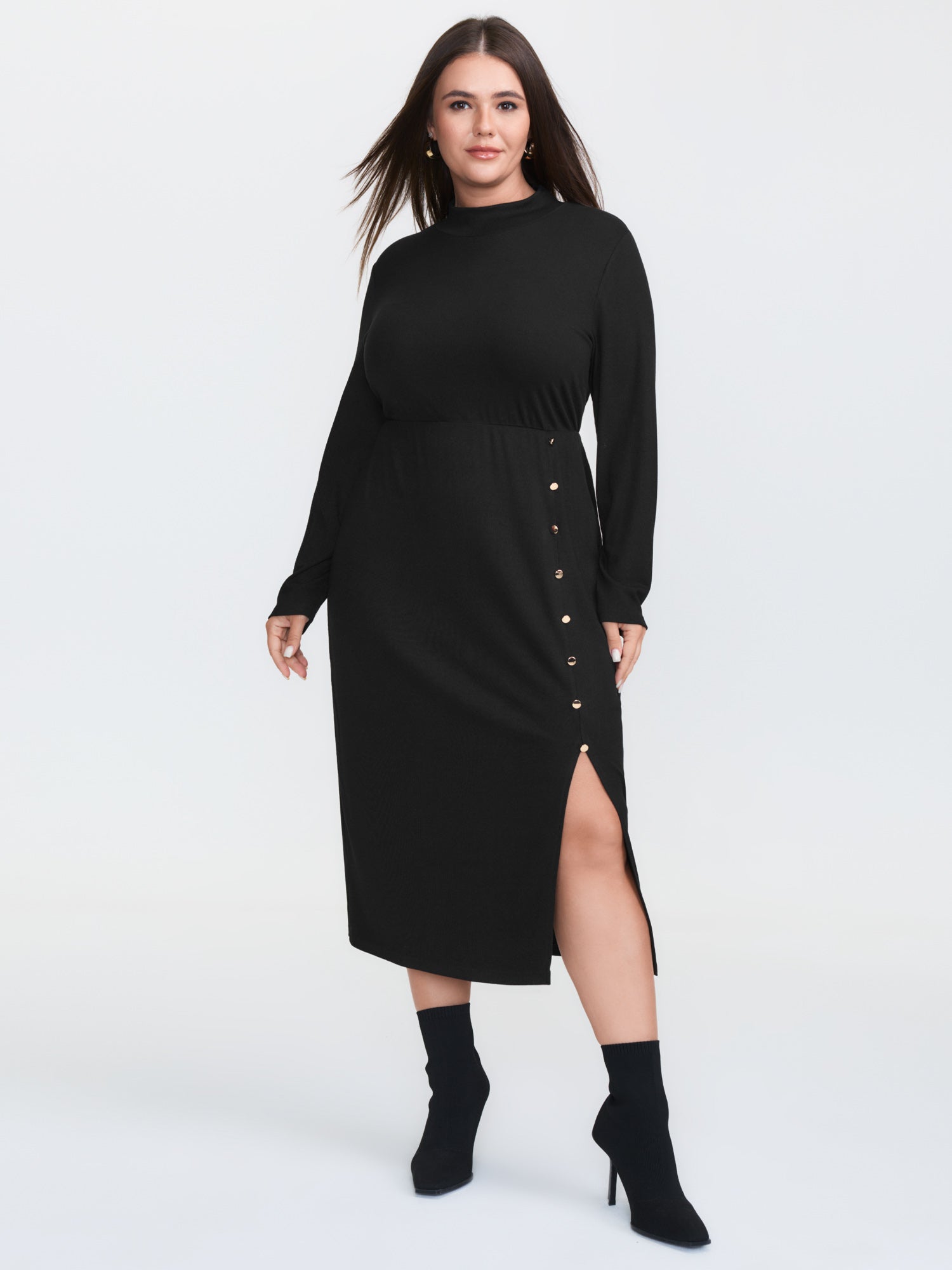 Mock Neck Button Waist-Defining Midi Dress