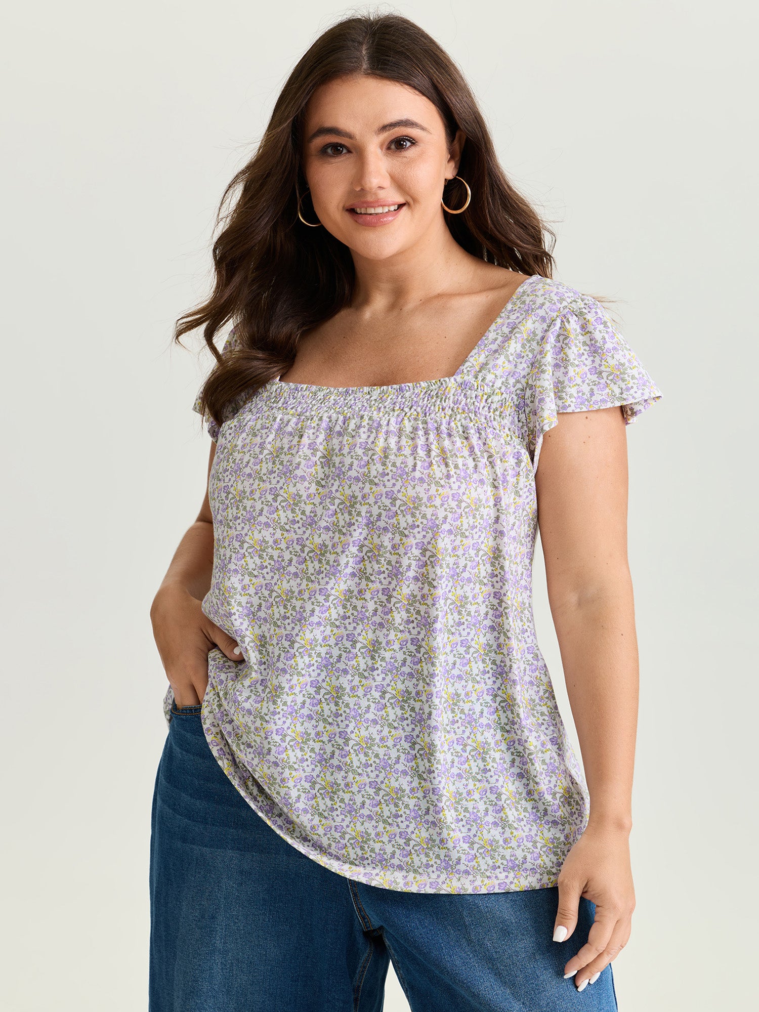 Micro Floral Print Shirred Neckline Knit Top