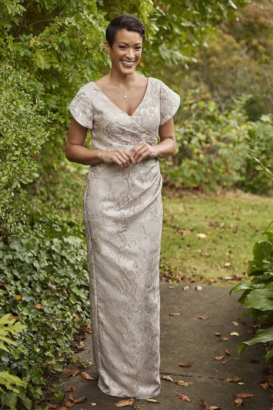 Off-the-Shoulder Brocade Sheath Dress