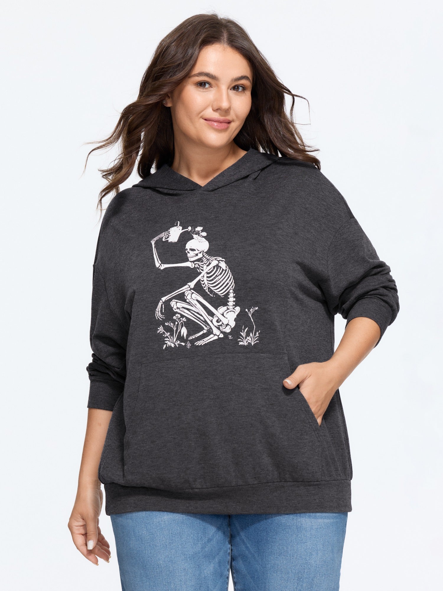 Funny Skeleton Watering Flowers Print Hooded Sweatshirt